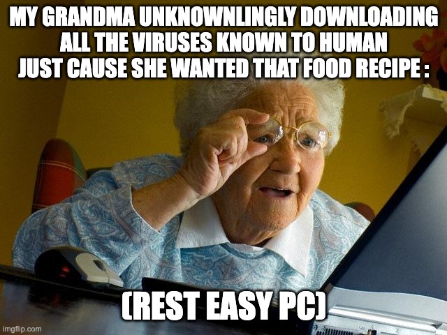 meme that i thinked about | MY GRANDMA UNKNOWNLINGLY DOWNLOADING ALL THE VIRUSES KNOWN TO HUMAN JUST CAUSE SHE WANTED THAT FOOD RECIPE :; (REST EASY PC) | image tagged in memes,grandma finds the internet | made w/ Imgflip meme maker
