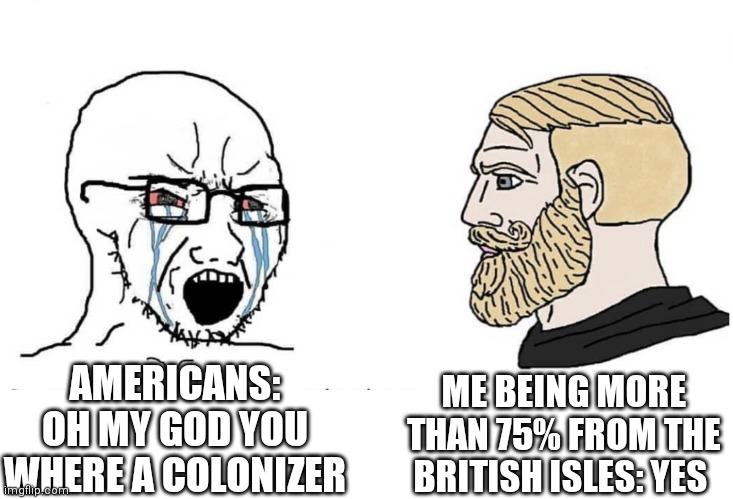 Soyboy Vs Yes Chad | ME BEING MORE THAN 75% FROM THE BRITISH ISLES: YES; AMERICANS: OH MY GOD YOU WHERE A COLONIZER | image tagged in soyboy vs yes chad | made w/ Imgflip meme maker