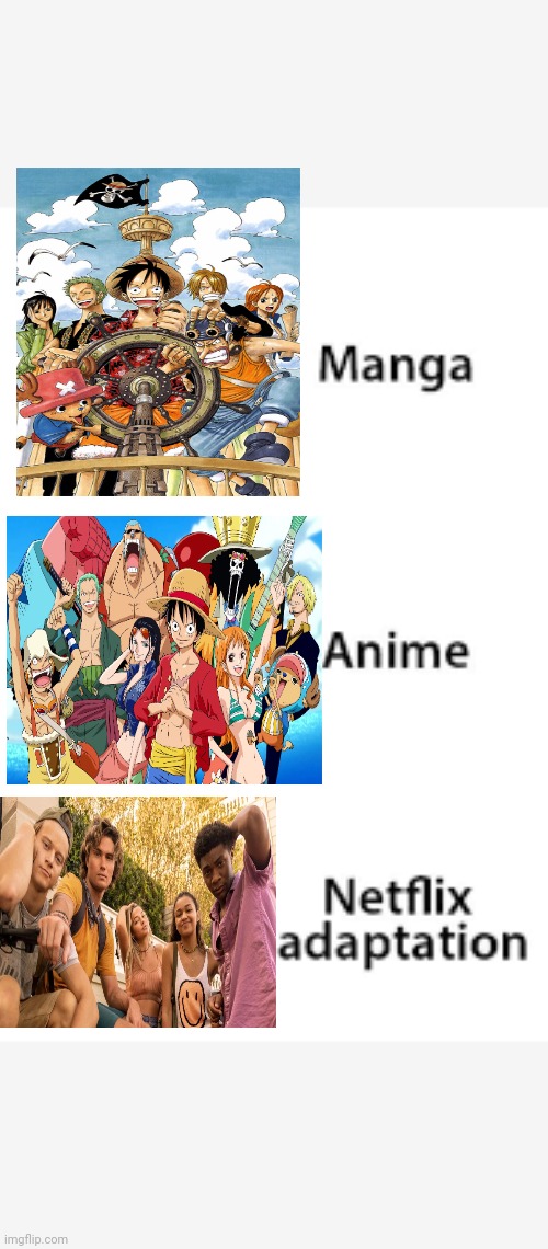 Netflix's Adaptation | image tagged in manga anime netflix adaption,one piece | made w/ Imgflip meme maker