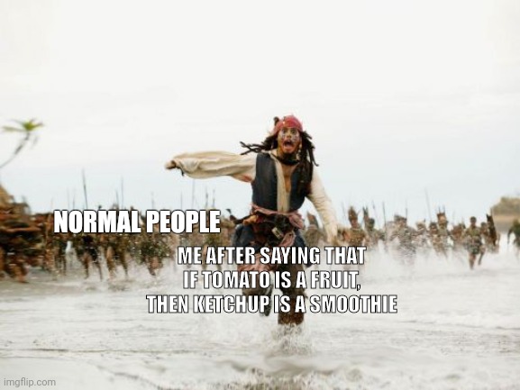 I enjoy chaos | NORMAL PEOPLE; ME AFTER SAYING THAT IF TOMATO IS A FRUIT, THEN KETCHUP IS A SMOOTHIE | image tagged in memes,jack sparrow being chased | made w/ Imgflip meme maker