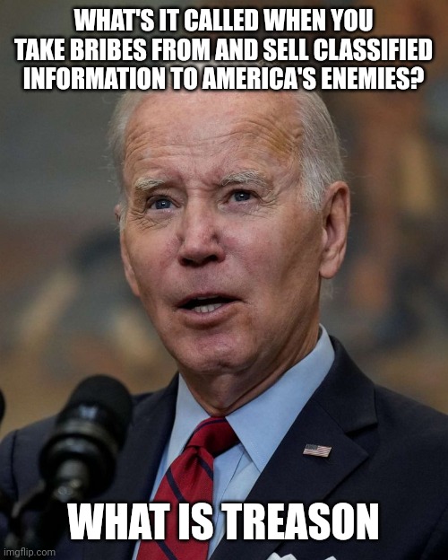 Does anyone actually believe the Biden's will be held accountable? | WHAT'S IT CALLED WHEN YOU TAKE BRIBES FROM AND SELL CLASSIFIED INFORMATION TO AMERICA'S ENEMIES? WHAT IS TREASON | image tagged in memes | made w/ Imgflip meme maker