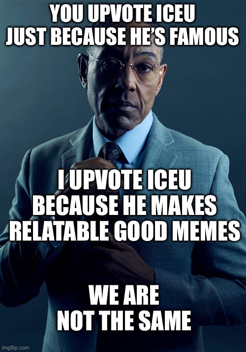 I have no idea what to title this | YOU UPVOTE ICEU JUST BECAUSE HE’S FAMOUS; I UPVOTE ICEU BECAUSE HE MAKES RELATABLE GOOD MEMES; WE ARE NOT THE SAME | image tagged in gus fring we are not the same,iceu | made w/ Imgflip meme maker