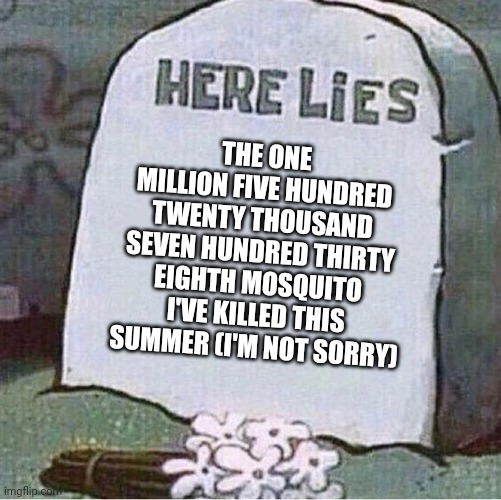 Mosquitoes beware | THE ONE MILLION FIVE HUNDRED TWENTY THOUSAND SEVEN HUNDRED THIRTY EIGHTH MOSQUITO I'VE KILLED THIS SUMMER (I'M NOT SORRY) | image tagged in here lies spongebob tombstone | made w/ Imgflip meme maker