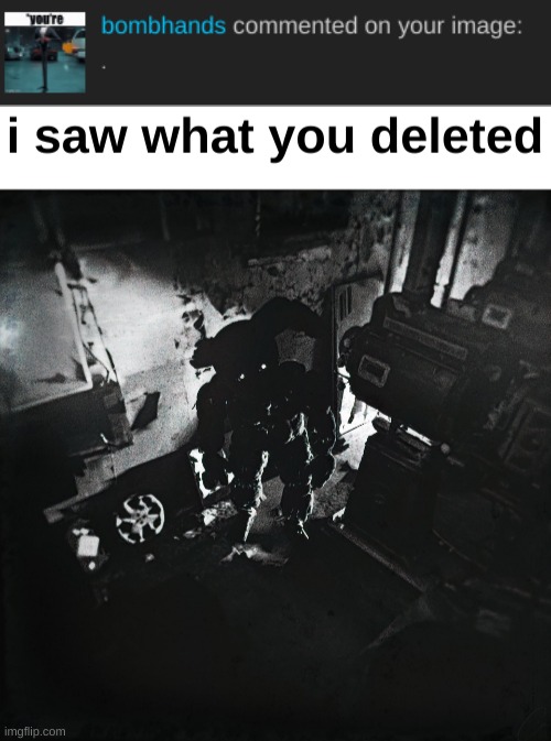I saw you bombhands, I saw you | image tagged in springtrap saw what you deleted | made w/ Imgflip meme maker