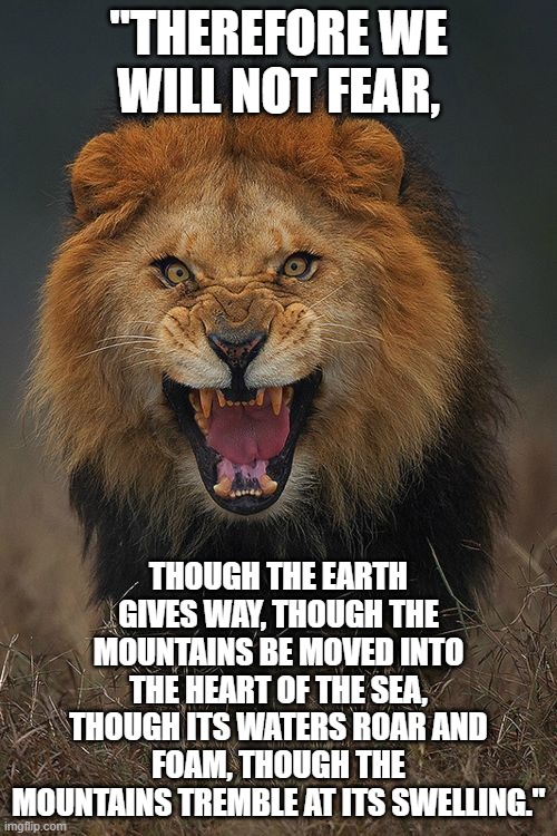 No Fear of the future | "THEREFORE WE WILL NOT FEAR, THOUGH THE EARTH GIVES WAY, THOUGH THE MOUNTAINS BE MOVED INTO THE HEART OF THE SEA, THOUGH ITS WATERS ROAR AND FOAM, THOUGH THE MOUNTAINS TREMBLE AT ITS SWELLING." | image tagged in leftists,government corruption | made w/ Imgflip meme maker