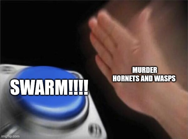 Swwaaaaarrrrrmm!!!!! | MURDER HORNETS AND WASPS; SWARM!!!! | image tagged in memes,blank nut button | made w/ Imgflip meme maker