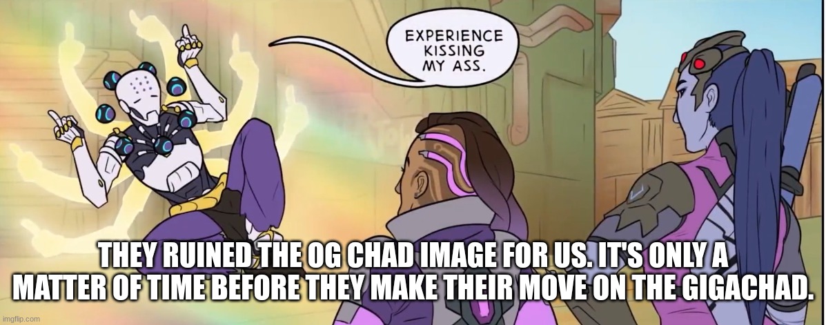 Experience kissing my ass | THEY RUINED THE OG CHAD IMAGE FOR US. IT'S ONLY A MATTER OF TIME BEFORE THEY MAKE THEIR MOVE ON THE GIGACHAD. | image tagged in experience kissing my ass | made w/ Imgflip meme maker