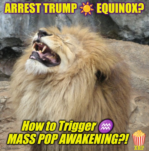 The Banking System is Collapsing... Arrest Donald Trump! PSALM 2:4? CATTURD #DeadAss #GreatAwakening | ARREST TRUMP ☀️ EQUINOX? How to Trigger ♒
MASS POP AWAKENING?! 🍿; XRP | image tagged in the lion is laughing,the lion king,elon musk,donald trump approves,the great awakening,popcorn | made w/ Imgflip meme maker