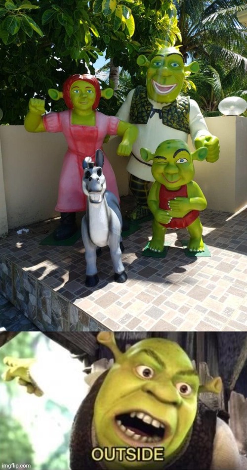 Shrek, Fiona, Donkey, and Shrek jr., ig | image tagged in outside,shrek,crappy design,you had one job,memes,design fails | made w/ Imgflip meme maker