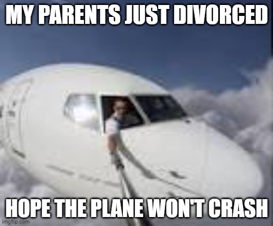 Pilot taking selfie out of plane | MY PARENTS JUST DIVORCED; HOPE THE PLANE WON'T CRASH | image tagged in pilot taking selfie out of plane | made w/ Imgflip meme maker