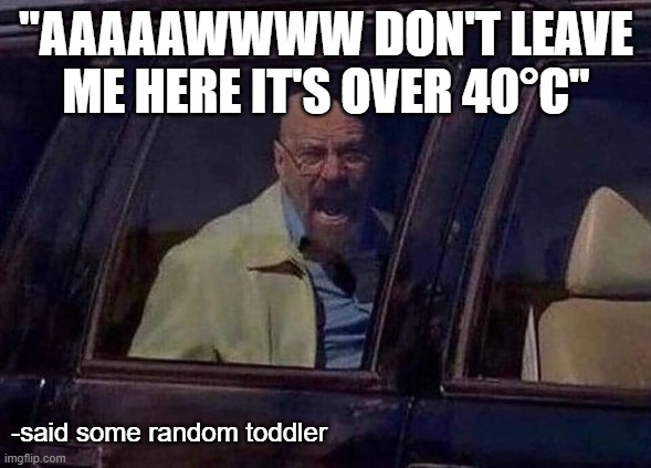 Walter White crybaby | "AAAAAWWWW DON'T LEAVE ME HERE IT'S OVER 40°C"; -said some random toddler | image tagged in walter white screaming at hank | made w/ Imgflip meme maker