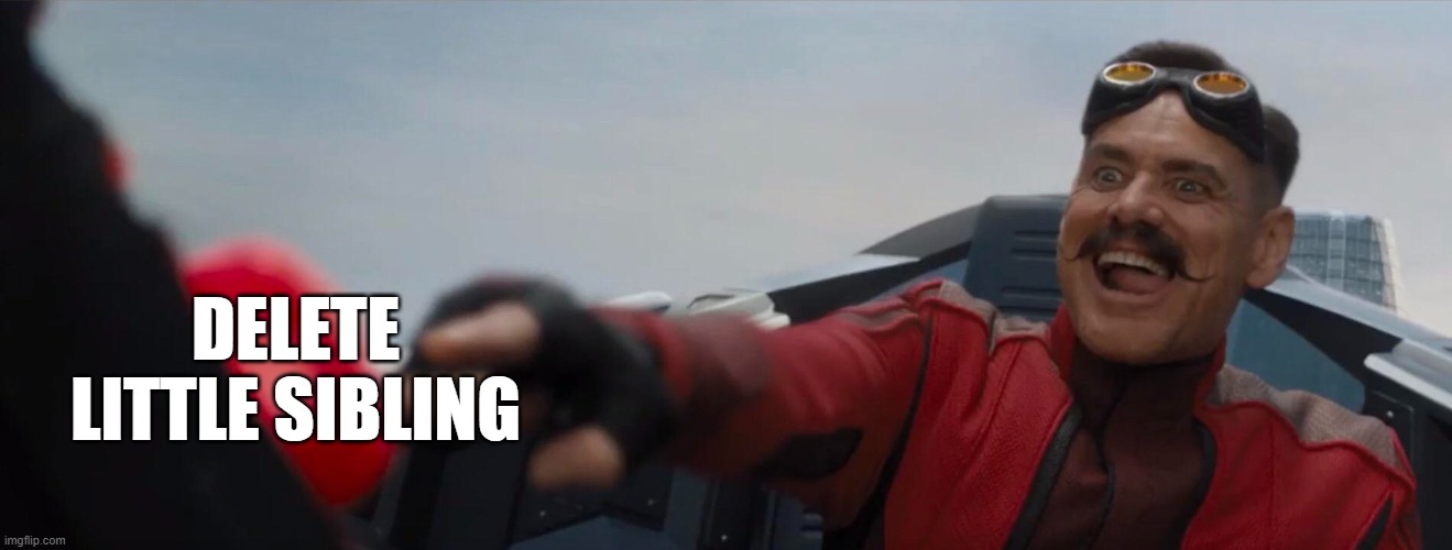 Dr. Robotnik pushing button | DELETE LITTLE SIBLING | image tagged in dr robotnik pushing button | made w/ Imgflip meme maker