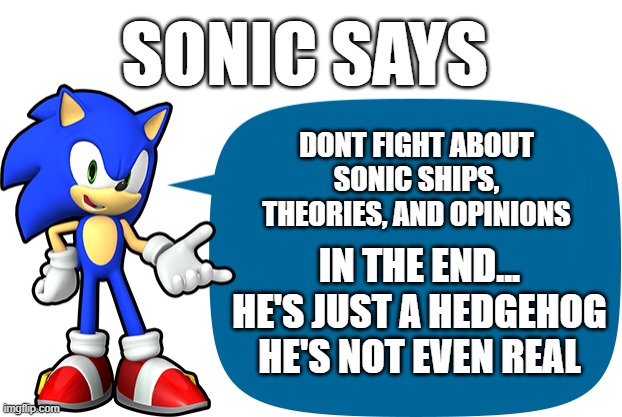The Sonic fandom has the biggest civil war ever! | SONIC SAYS; DONT FIGHT ABOUT SONIC SHIPS, THEORIES, AND OPINIONS; IN THE END... HE'S JUST A HEDGEHOG HE'S NOT EVEN REAL | image tagged in sonic sez | made w/ Imgflip meme maker