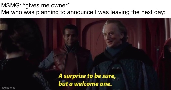 A Surprise to be sure | MSMG: *gives me owner*
Me who was planning to announce I was leaving the next day: | image tagged in a surprise to be sure | made w/ Imgflip meme maker
