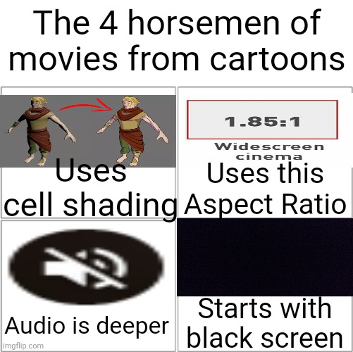 This took stupidly long to make since i'm on a tablet rn | The 4 horsemen of movies from cartoons; Uses cell shading; Uses this Aspect Ratio; Starts with black screen; Audio is deeper | image tagged in the 4 horsemen of,memes,unfunny,tv,movies,cartoons | made w/ Imgflip meme maker