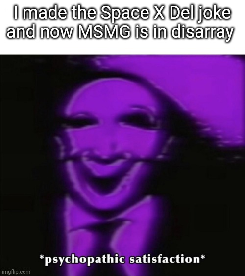 Psychopathic satisfaction | I made the Space X Del joke and now MSMG is in disarray | image tagged in psychopathic satisfaction | made w/ Imgflip meme maker