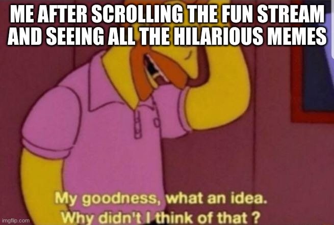 My God why didn't i think of that | ME AFTER SCROLLING THE FUN STREAM AND SEEING ALL THE HILARIOUS MEMES | image tagged in my god why didn't i think of that | made w/ Imgflip meme maker