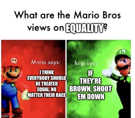 This is a joke, I’m sorry if you got triggered | EQUALITY; I THINK EVERYBODY SHOULD BE TREATED EQUAL, NO MATTER THEIR RACE; IF THEY’RE BROWN, SHOOT ‘EM DOWN | image tagged in mario bros views | made w/ Imgflip meme maker