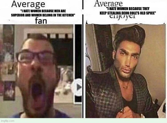 Average *BLANK* Fan VS Average *BLANK* Enjoyer | "I HATE WOMEN BECAUSE THEY KEEP STEALING DEON COLE'S OLD SPICE"; "I HATE WOMEN BECAUSE MEN ARE SUPERIOR AND WOMEN BELONG IN THE KITCHEN" | image tagged in average blank fan vs average blank enjoyer | made w/ Imgflip meme maker