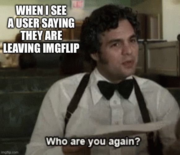 When A User Leaves Imgflip | WHEN I SEE A USER SAYING THEY ARE LEAVING IMGFLIP | image tagged in who are you again,leaving,bye,imgflip users,see ya | made w/ Imgflip meme maker