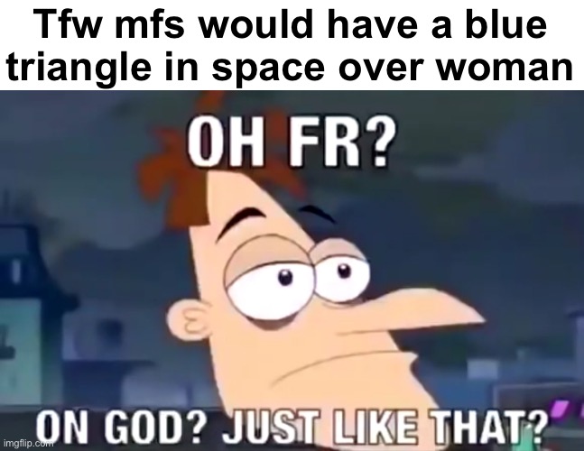 Women got some competition | Tfw mfs would have a blue triangle in space over woman | image tagged in oh fr on god | made w/ Imgflip meme maker