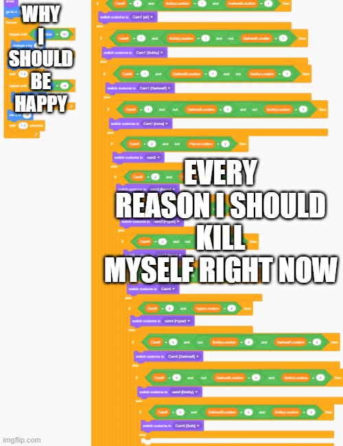 I don't mean this... Do I? | WHY
I
SHOULD
BE
HAPPY; EVERY REASON I SHOULD KILL MYSELF RIGHT NOW | image tagged in scratch,dank memes | made w/ Imgflip meme maker
