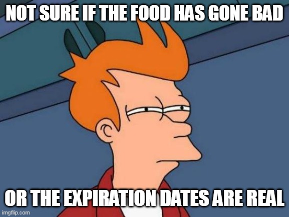 Futurama Fry Meme | NOT SURE IF THE FOOD HAS GONE BAD; OR THE EXPIRATION DATES ARE REAL | image tagged in memes,futurama fry,meme | made w/ Imgflip meme maker