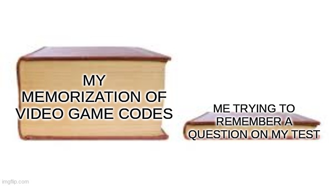 whats 8x6x9? | ME TRYING TO REMEMBER A QUESTION ON MY TEST; MY MEMORIZATION OF VIDEO GAME CODES | image tagged in big book small book | made w/ Imgflip meme maker
