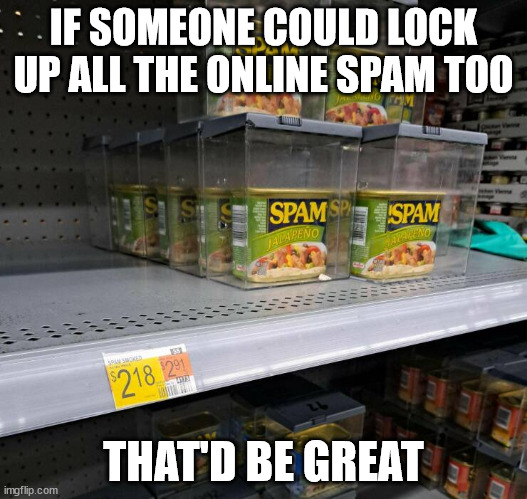 And don't forget to throw away the key | IF SOMEONE COULD LOCK UP ALL THE ONLINE SPAM TOO; THAT'D BE GREAT | image tagged in spam | made w/ Imgflip meme maker