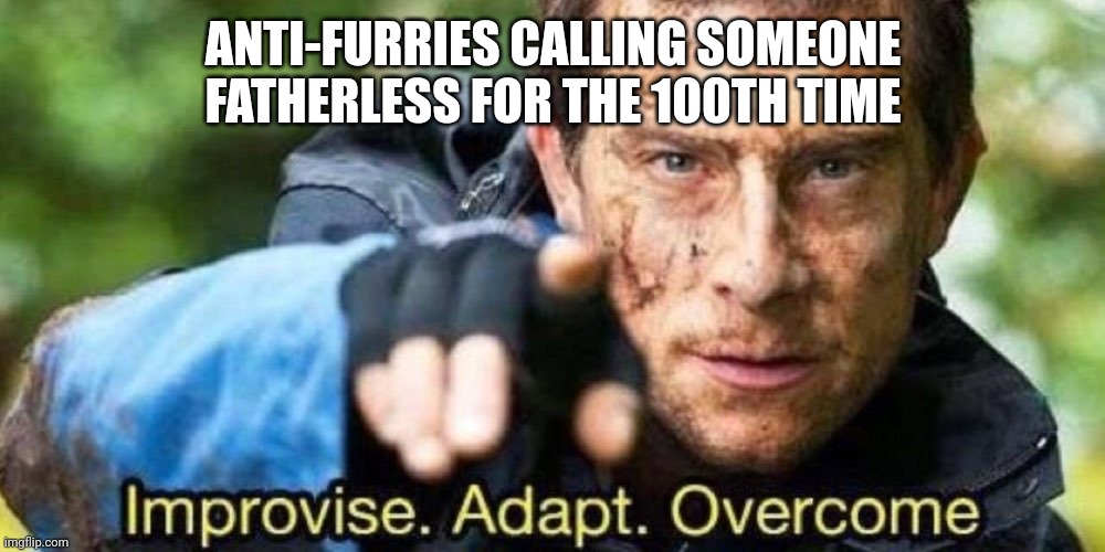 Improvise. Adapt. Overcome | ANTI-FURRIES CALLING SOMEONE FATHERLESS FOR THE 100TH TIME | image tagged in improvise adapt overcome | made w/ Imgflip meme maker