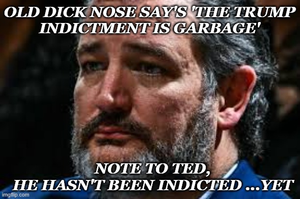 OLD DICK NOSE SAY'S 'THE TRUMP
INDICTMENT IS GARBAGE'; NOTE TO TED,
HE HASN'T BEEN INDICTED ...YET | made w/ Imgflip meme maker