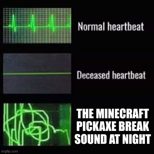 Super Scary | THE MINECRAFT PICKAXE BREAK SOUND AT NIGHT | image tagged in heartbeat rate | made w/ Imgflip meme maker