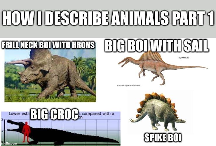 Dinosaurs | HOW I DESCRIBE ANIMALS PART 1; FRILL NECK BOI WITH HRONS; BIG BOI WITH SAIL; BIG CROC; SPIKE BOI | image tagged in dinosaurs | made w/ Imgflip meme maker