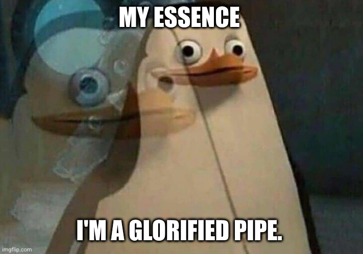 private penguin existential crisis | MY ESSENCE; I'M A GLORIFIED PIPE. | image tagged in private penguin existential crisis | made w/ Imgflip meme maker