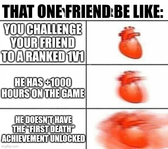 When you think you are strong enough... | THAT ONE FRIEND BE LIKE:; YOU CHALLENGE YOUR FRIEND TO A RANKED 1V1; HE HAS +1000 HOURS ON THE GAME; HE DOESN'T HAVE THE "FIRST DEATH" ACHIEVEMENT UNLOCKED | image tagged in my heart blank | made w/ Imgflip meme maker