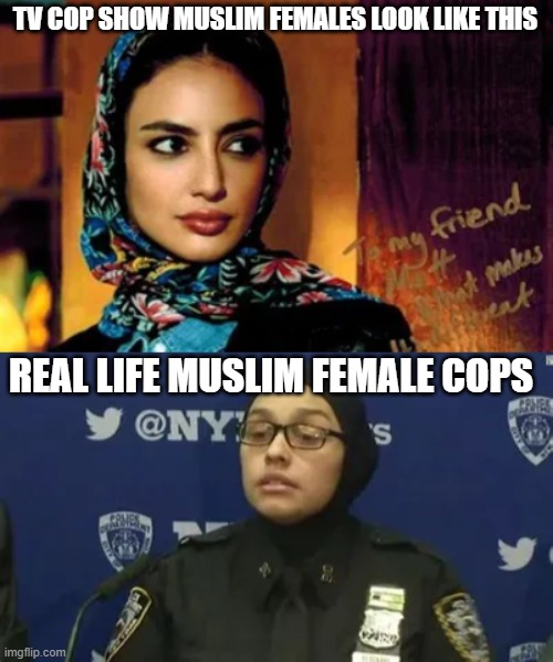 TV COP SHOW MUSLIM FEMALES LOOK LIKE THIS; REAL LIFE MUSLIM FEMALE COPS | image tagged in memes | made w/ Imgflip meme maker
