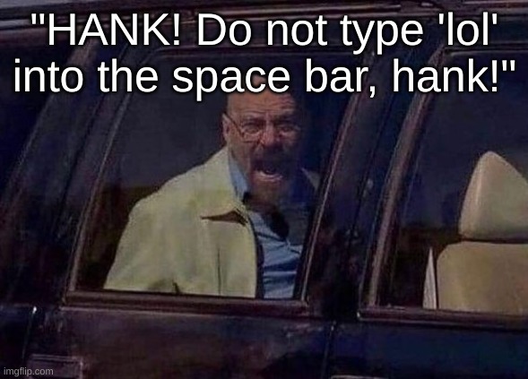 don't do it | "HANK! Do not type 'lol' into the space bar, hank!" | image tagged in walter white screaming at hank | made w/ Imgflip meme maker