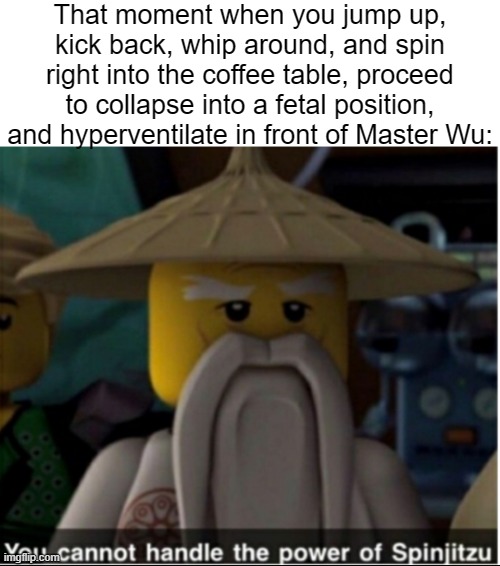 We've all been there. :-/ | That moment when you jump up, kick back, whip around, and spin right into the coffee table, proceed to collapse into a fetal position, and hyperventilate in front of Master Wu: | image tagged in you cannot handle the power of spinjitzu,ninjago,coffee table | made w/ Imgflip meme maker