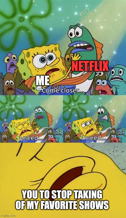 I hate it when that happens | NETFLIX; ME; YOU TO STOP TAKING OF MY FAVORITE SHOWS | image tagged in spongebob come closer template | made w/ Imgflip meme maker