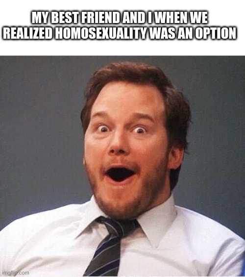 My face went like ? | MY BEST FRIEND AND I WHEN WE REALIZED HOMOSEXUALITY WAS AN OPTION | image tagged in excited | made w/ Imgflip meme maker