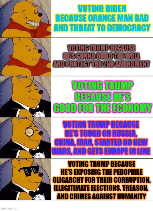 Winnie the Pooh v.20 | VOTING BIDEN BECAUSE ORANGE MAN BAD AND THREAT TO DEMOCRACY; VOTING TRUMP BECAUSE HE'S GONNA BUILD THE WALL AND PROTECT THE 2ND AMENDMENT; VOTING TRUMP BECAUSE HE'S GOOD FOR THE ECONOMY; VOTING TRUMP BECAUSE HE'S TOUGH ON RUSSIA, CHINA, IRAN, STARTED NO NEW WARS, AND GETS EUROPE IN LINE; VOTING TRUMP BECAUSE HE'S EXPOSING THE PEDOPHILE OLIGARCHY FOR THEIR CORRUPTION, ILLEGITIMATE ELECTIONS, TREASON, 
AND CRIMES AGAINST HUMANITY | image tagged in trump,5 levels | made w/ Imgflip meme maker