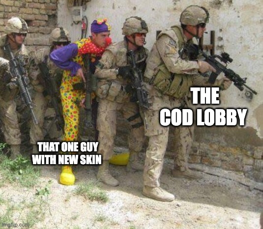 Army clown | THE COD LOBBY; THAT ONE GUY WITH NEW SKIN | image tagged in army clown | made w/ Imgflip meme maker