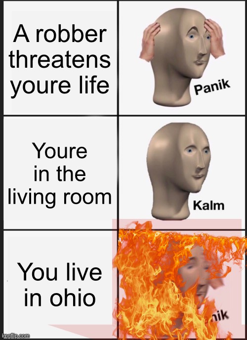 Help | A robber threatens youre life; Youre in the living room; You live in ohio | image tagged in memes,panik kalm panik | made w/ Imgflip meme maker