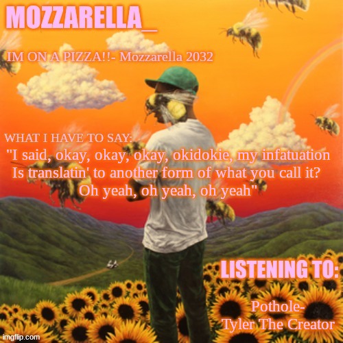 Flower Boy | "I said, okay, okay, okay, okidokie, my infatuation
Is translatin' to another form of what you call it? 
Oh yeah, oh yeah, oh yeah"; Pothole- Tyler The Creator | image tagged in flower boy | made w/ Imgflip meme maker