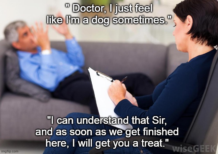 Psychology Snack | " Doctor, I just feel like I'm a dog sometimes."; "I can understand that Sir, and as soon as we get finished here, I will get you a treat." | image tagged in psychologist,doctor | made w/ Imgflip meme maker
