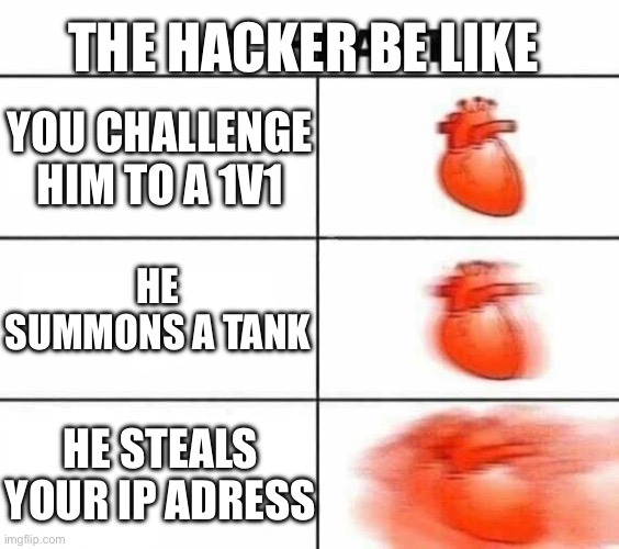 My heart blank | THE HACKER BE LIKE; YOU CHALLENGE HIM TO A 1V1; HE SUMMONS A TANK; HE STEALS YOUR IP ADDRESS | image tagged in my heart blank | made w/ Imgflip meme maker