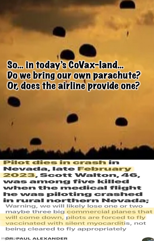 It’s a realistic concern | So… in today’s CoVax-land…
Do we bring our own parachute?
Or, does the airline provide one? | image tagged in memes,vaxxed pilots,globalists evil plan in action,depopulate as many as possible,reduce air travel,fjb voters kissmyass | made w/ Imgflip meme maker