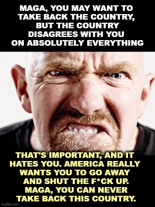 America Hates MAGA. | MAGA, YOU MAY WANT TO 

TAKE BACK THE COUNTRY, 
BUT THE COUNTRY DISAGREES WITH YOU 
ON ABSOLUTELY EVERYTHING; THAT'S IMPORTANT, AND IT 
HATES YOU. AMERICA REALLY 
WANTS YOU TO GO AWAY 
AND SHUT THE F*CK UP.
MAGA, YOU CAN NEVER
TAKE BACK THIS COUNTRY. | image tagged in donald trump,maga,minorities,americans,hate,trump | made w/ Imgflip meme maker