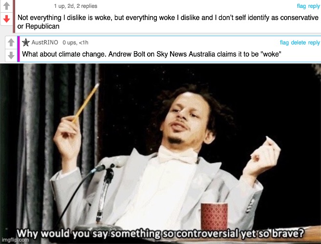 Conservative definition of "woke": political correctness. Political Correctness: Anything that Conservatives don't like | image tagged in why would you say something so controversial yet so brave,andrew bolt,climate change,is,not,woke | made w/ Imgflip meme maker