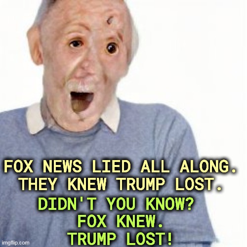 Trump lost. Everybody knew but you. | FOX NEWS LIED ALL ALONG.

THEY KNEW TRUMP LOST. DIDN'T YOU KNOW? 
FOX KNEW.
TRUMP LOST! | image tagged in trump,donald trump,lost,loser,fox news,propaganda | made w/ Imgflip meme maker